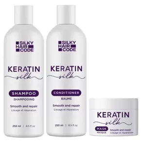SPINDESIO BOMBA PLAUKAMS! KERATIN SILK intesyvaus poveikio pažeistą plaukų struktūrą atstatanti ir efektą išlaikanti 3 produktų procedūra - visiems plaukų tipams ir ilgiams